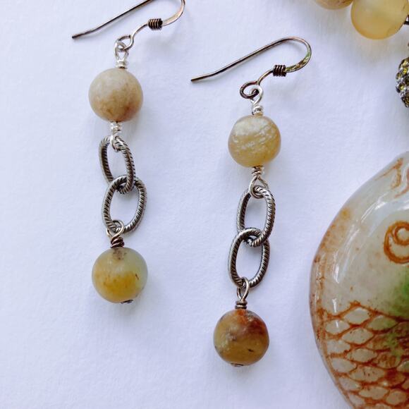 Jadeite Double Fish Pendant Necklace Earrings Set, Real Stone Beads Boho Jewelry - Picture 5 of 10